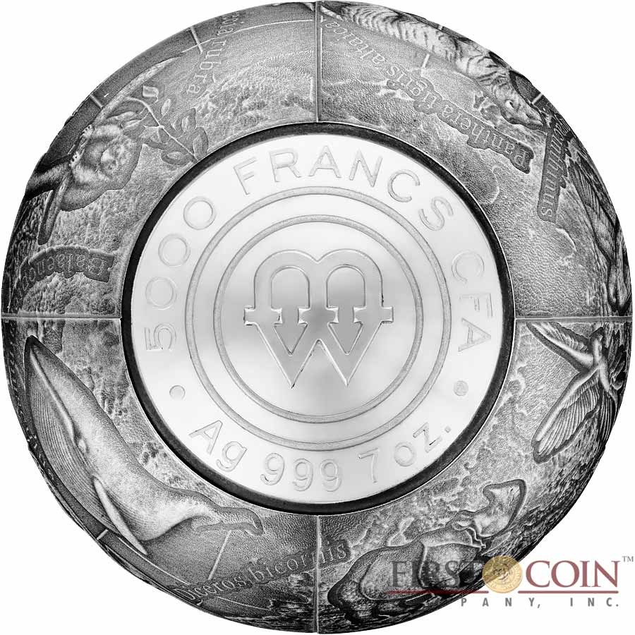 Republic of Cameroon SOS THE WORLD - ENDANGERED ANIMAL SPECIES 3D Silver coin 5000 Francs 2017 High Relief Spherical shape ANTIQUE FINISH 7 oz